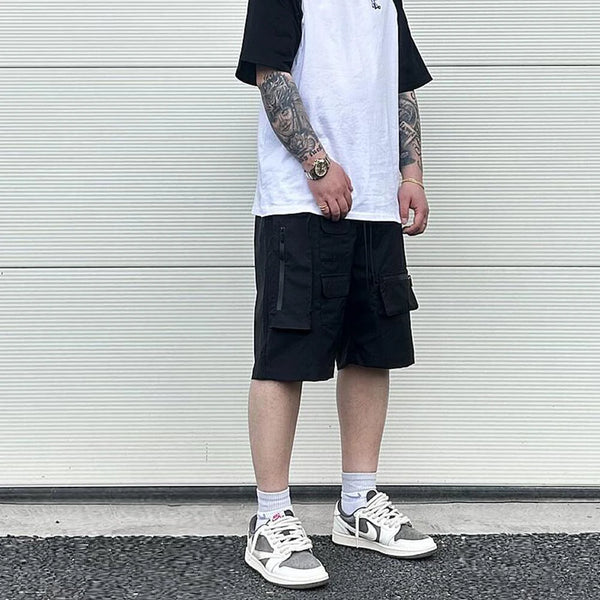 Retro Fashion Vibe Summer Cargo Shorts Functional Pockets Press Glue Zipper Straight Shorts Baggy Casual Split Knee-length
