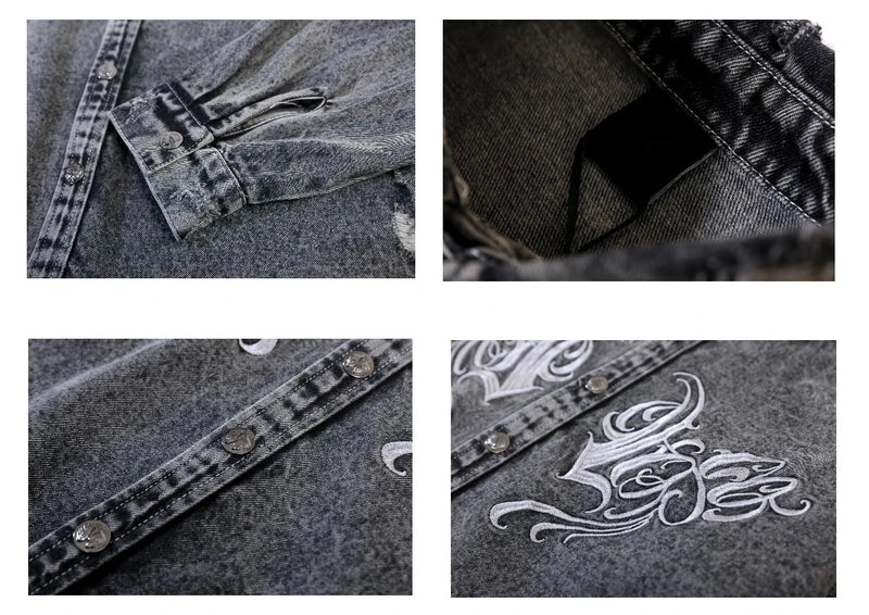 Hip Hop Denim Jeans Shirt Harajuku Retro Washed Letter Embroidery Long Sleeve Shirts for Men High Street Casual Loose Tops Shirt