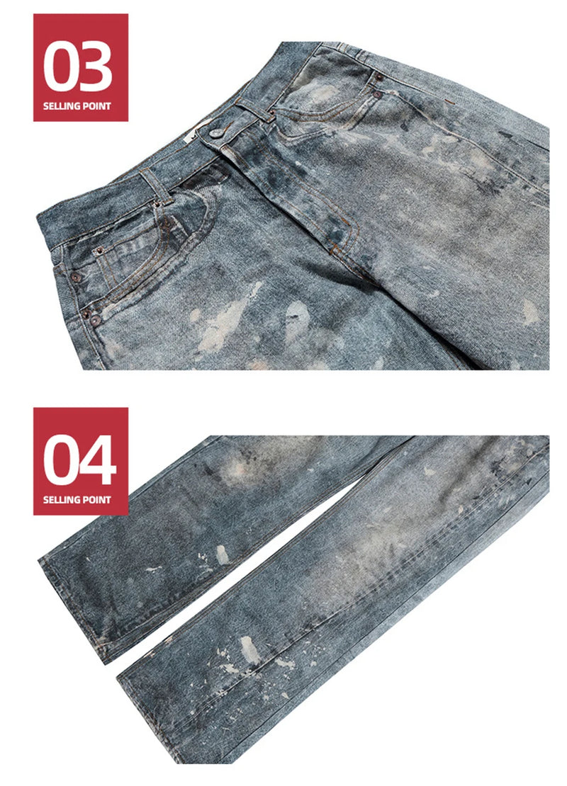 dirty tie dye baggy jeans mens streetwear hip hop loose blue denim pants hi street luxury designer jeans trousers man unique jeans style 2197