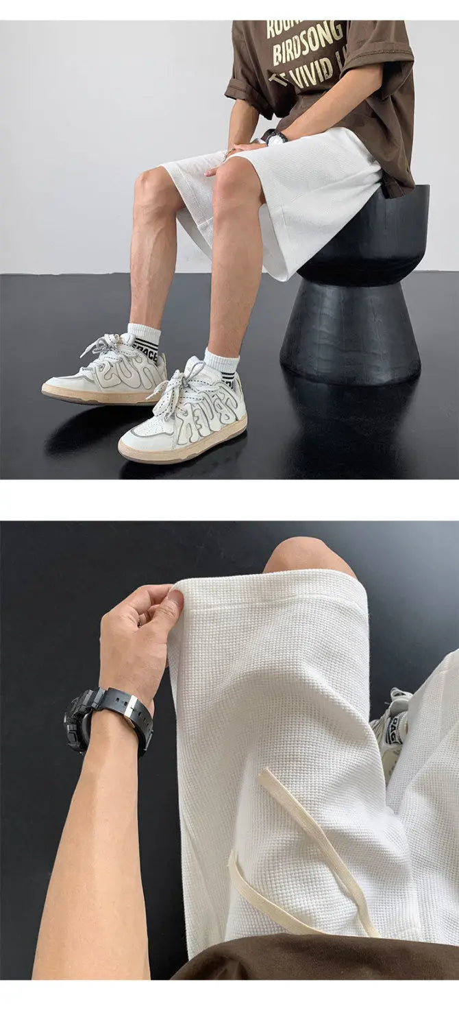 korean sports shorts men new summer hot style loose casual waffle five point pants teenagers solid color versatile niche pants unique shorts style 2137