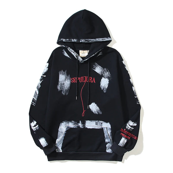 Retro Distressed Graffiti Letter Embroidery Washed Black Sweatshirts M