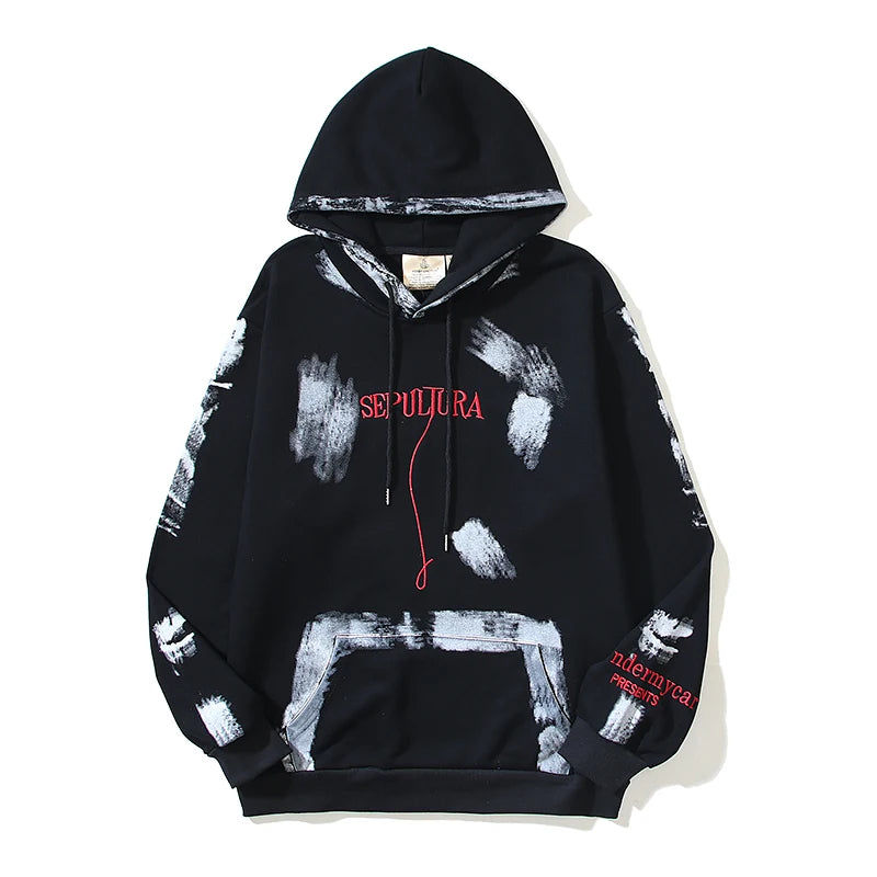 Retro Distressed Graffiti Letter Embroidery Washed Black Sweatshirts M