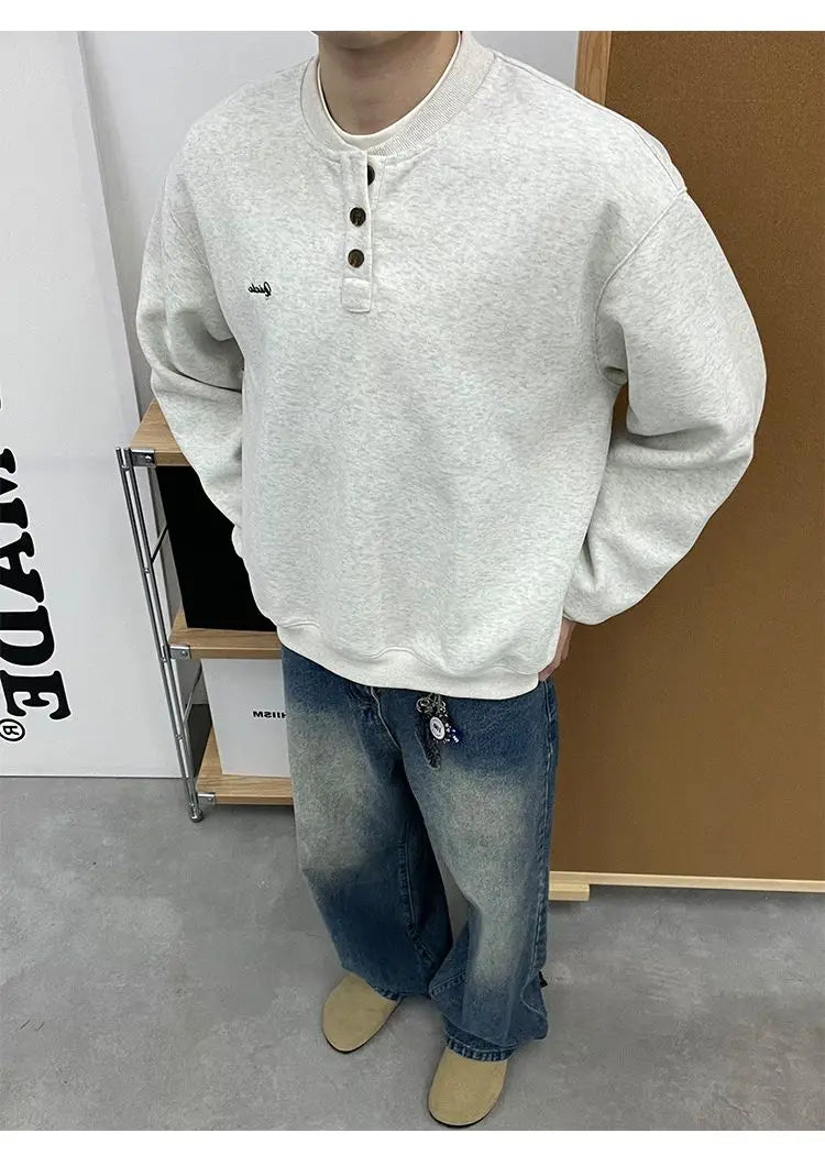 Trendy Korean Retro Ins Simple Boyish Henry Collar Sweatshirt Men and Women Street