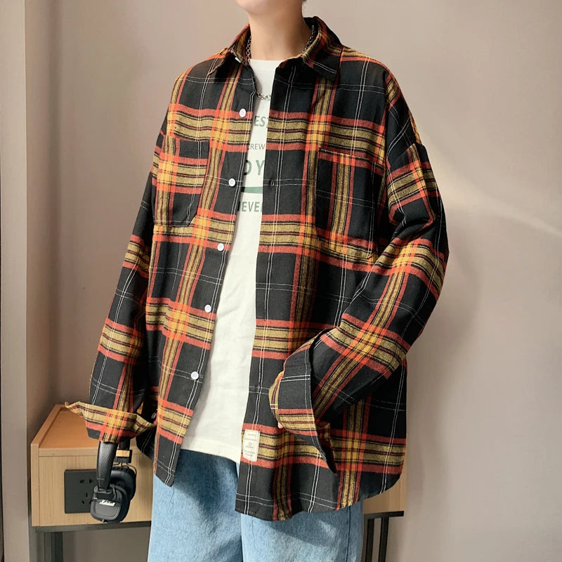 Long Sleeved Shirt Men Fashion Retro Plaid Shirt Men Streetwear Korean Loose Casual