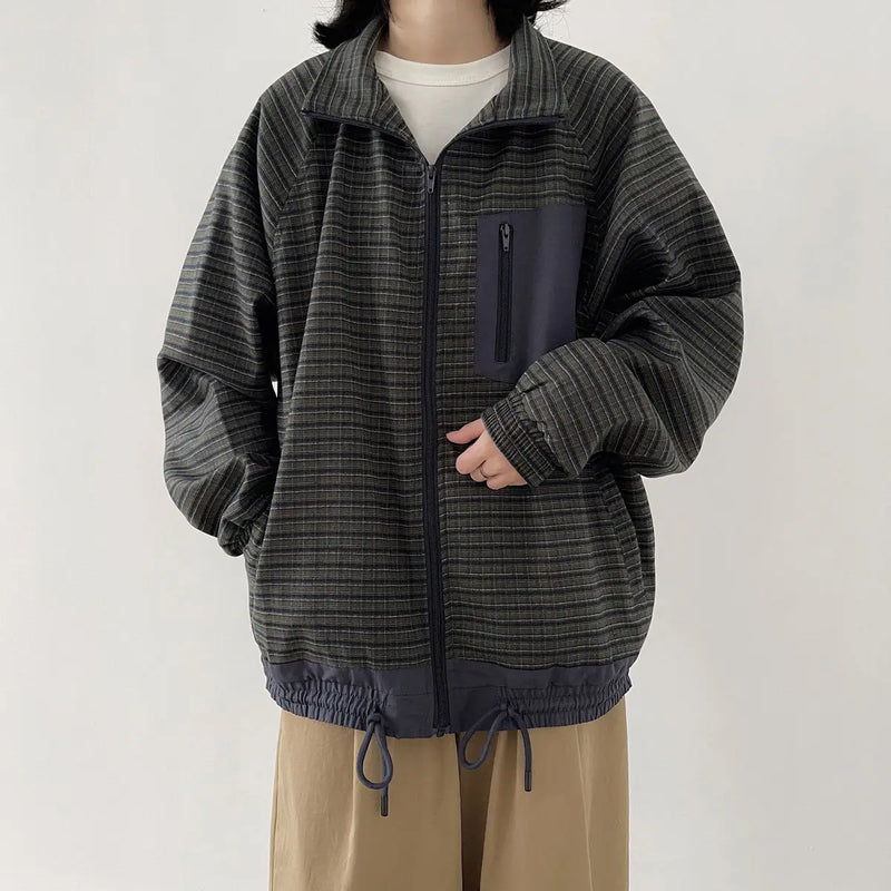 Autumn Japanese Retro Loose Casual Stand Up Collar Checked Jacket Mens