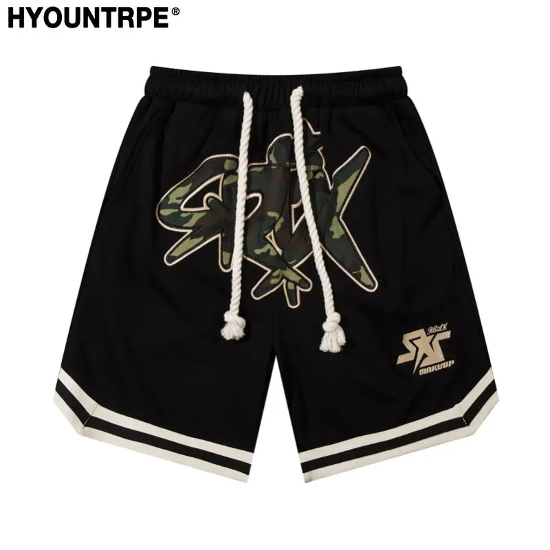 hip hop loose shorts elastic waist pants fashion letter embroidery shorts men casual drawstring streetwear sportswear gym shorts techwear shorts