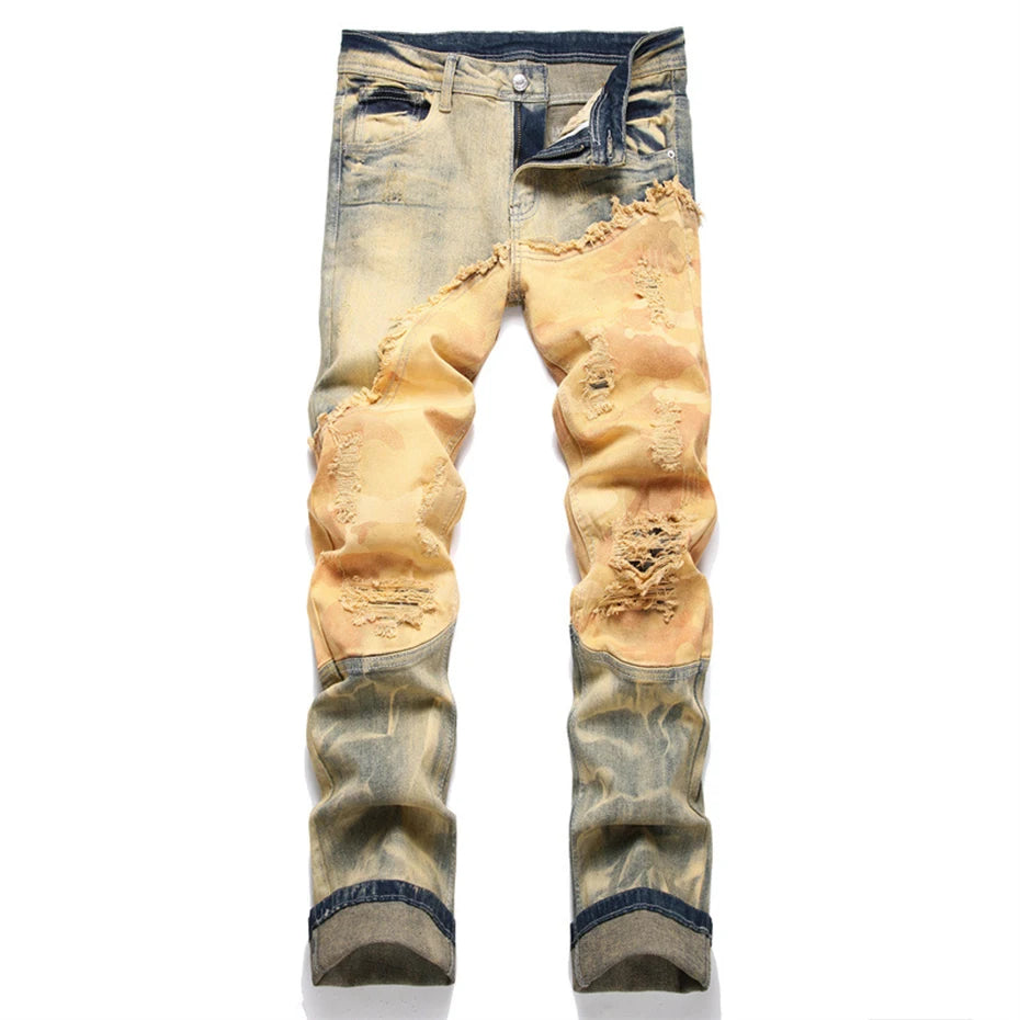 men fashion slim ripped jeans color block patchwork trend denim pants streetwear hip hop jeans trousers for male unique jeans style 467