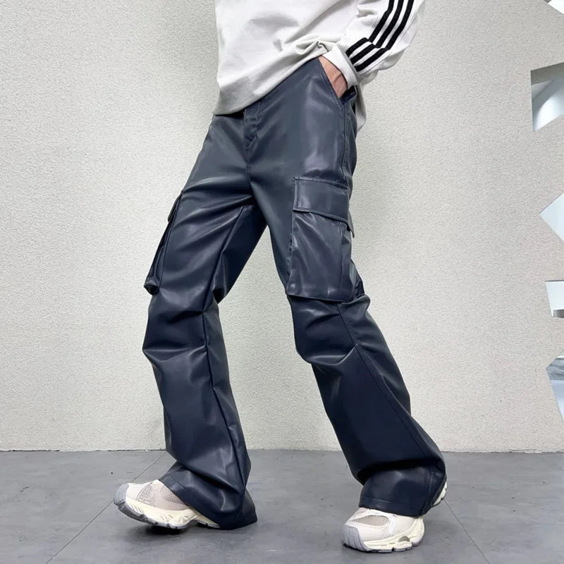 pu leather pants mens streetwear fashion hip hop vibe casual faux leather cargo flared pant men motorcycle trousers unique cargo style 3064