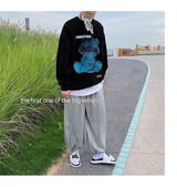 Graphic Blue Bear Kawaii Print Pullovers Hoodies For Men Autumn Fleece