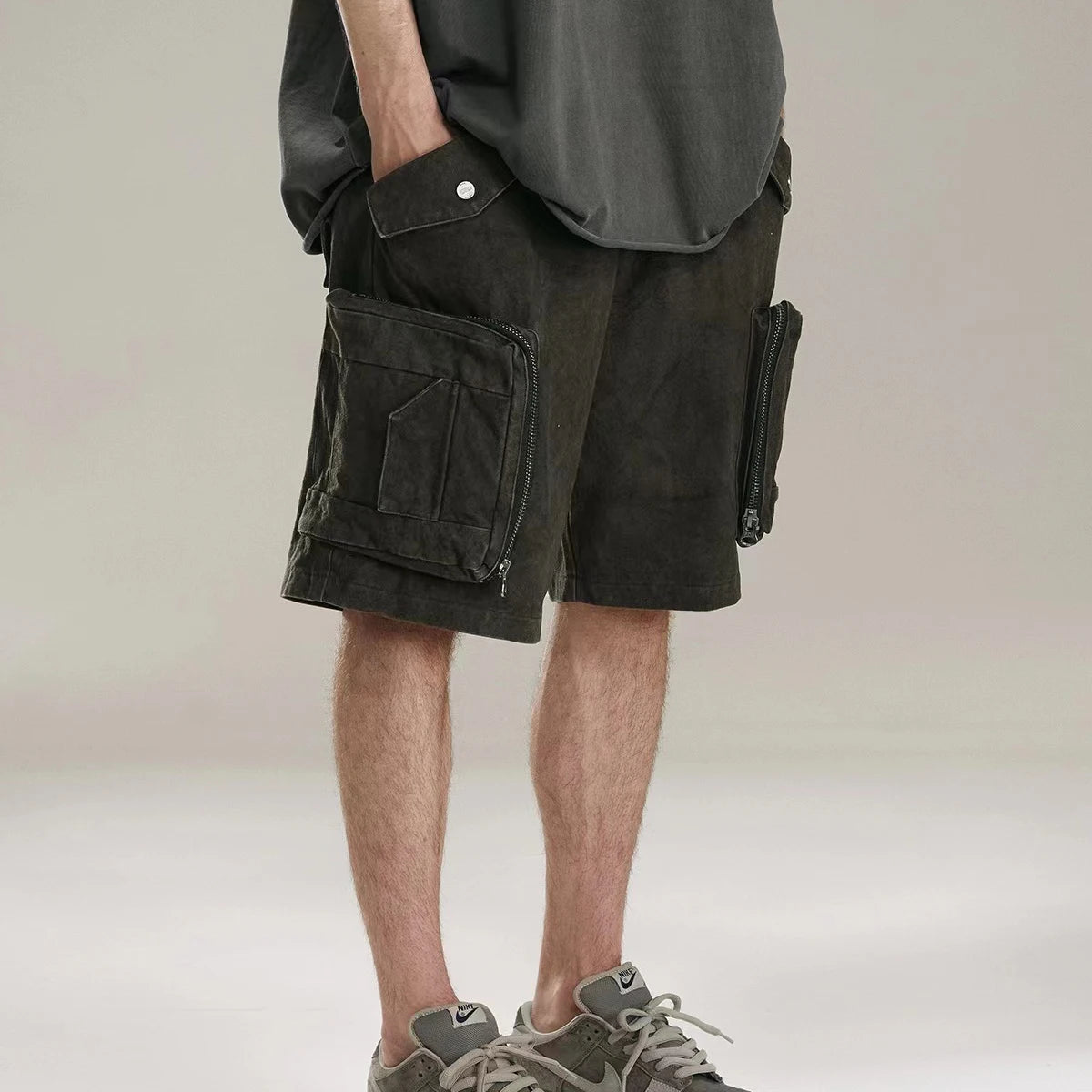 heavy industry tie dyed canvas washed shell shorts for men and women wide leg baggy cargo short oversize loose knee length pants combat utility trousers