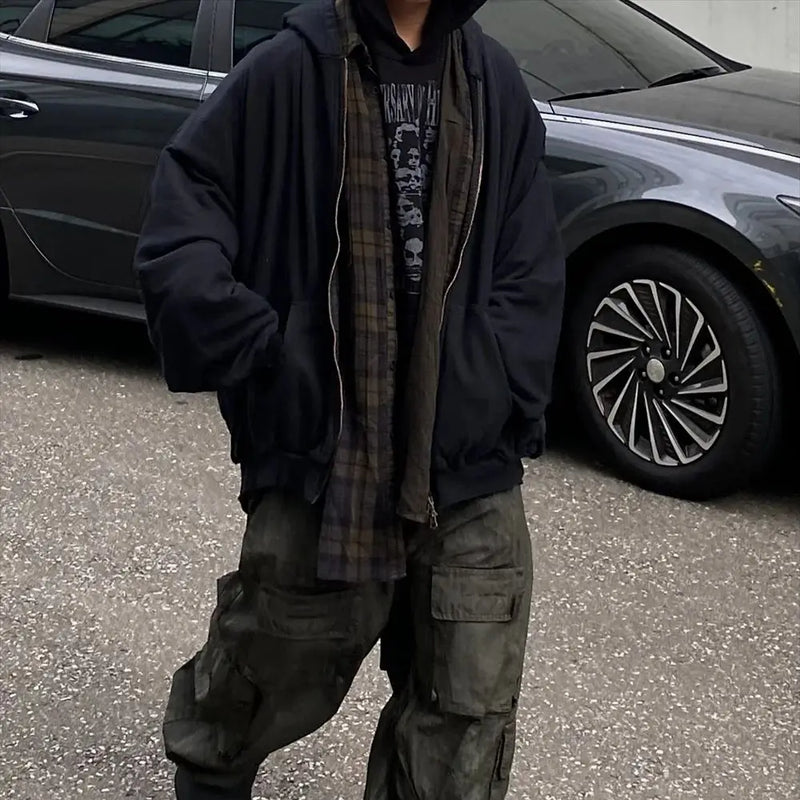 anime melting smiley featuring undermycar 2024 new high quality shirt plaid cover with layered zipper open up hoodie black