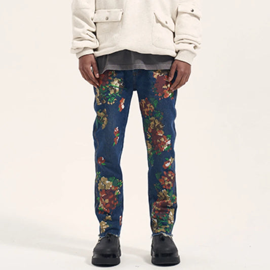 graffiti floral printed denim jean mens new casual zipper biker jeans fashion high street slim fit pants joggers hip hop jeans relaxed fit joggers