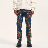 graffiti floral printed denim jean mens new casual zipper biker jeans fashion high street slim fit pants joggers hip hop jeans relaxed fit joggers