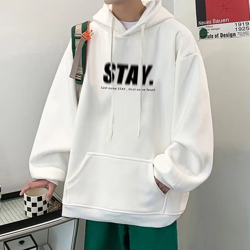 New In Letter Stay Print Sweatshirts Men Casual Vintage Fleece Pullover