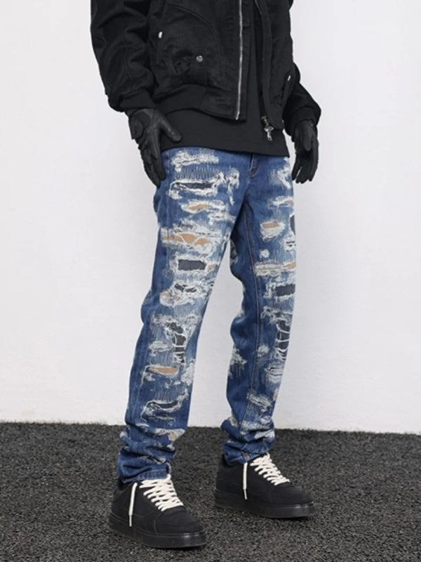 retro washed 3d printed fake distressed jeans hip hop denim pants streetwear jean pants mens harajuku cotton trousers joggers sporty tapered joggers