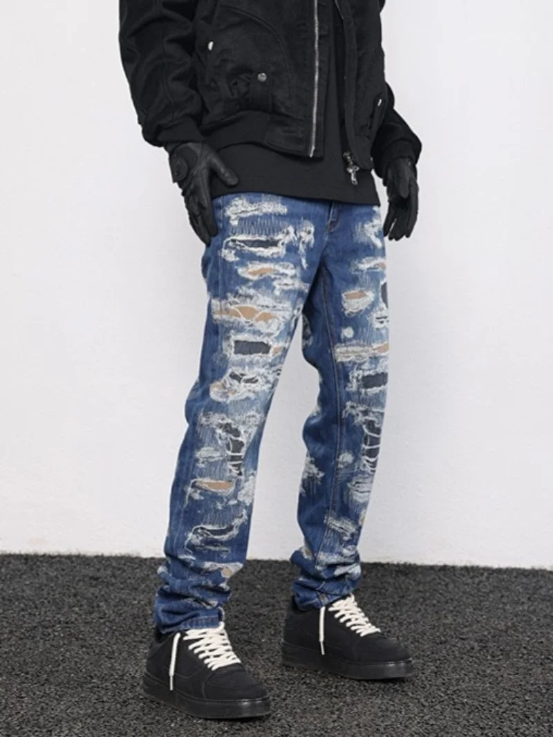 retro washed 3d printed fake distressed jeans hip hop denim pants streetwear jean pants mens harajuku cotton trousers joggers sporty tapered joggers