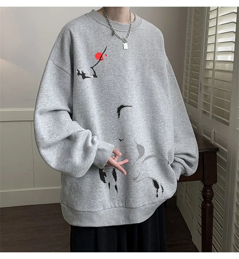 Ink Painting Cartoon Crane Printed Pullover Hoodies For Men 2024 New H