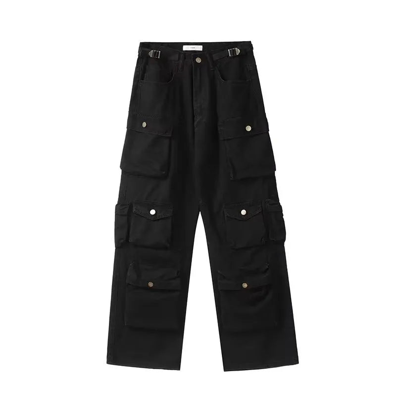 high street y2k men set casual loose lapel jacket hip hop multi pocket overalls 2 piece spring autumn fashion couple suit trend unique default style 4601