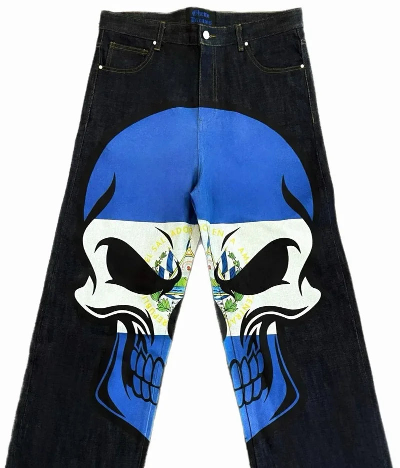 european and american high street high waist washed jeans men y2k cartoon print hip hop rock oversized wide leg pants women vintage washed jeans