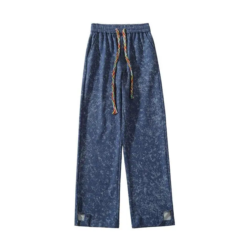 korean style waffle tie dye casual pants high street vibe pants men trendy brand colorful drawstring side slit straight trousers menswear bottoms