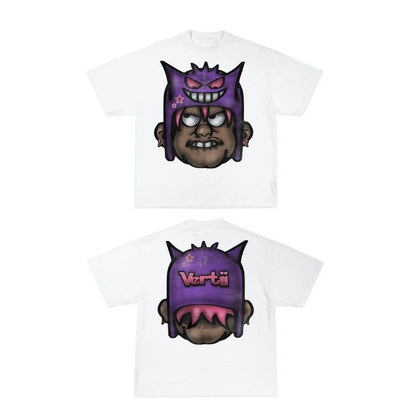 manga distortion shirt with block panels and drip typography