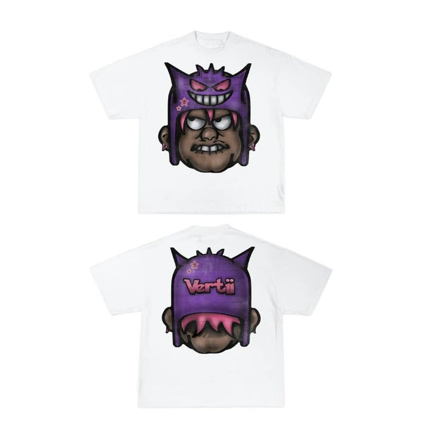 manga distortion shirt with block panels and drip typography