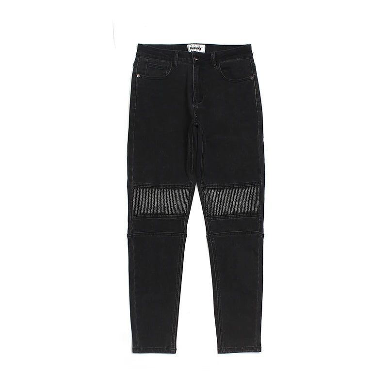 high street white knee pleated vertical stripe elastic fit skinny jeans male casual small leg jeans pants slim mens clothing vintage washed jeans