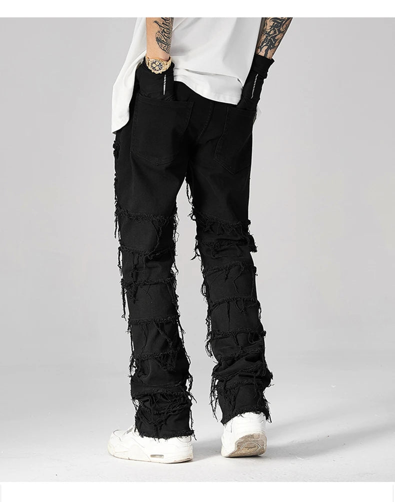 destroyed ripped pieced patchwork denim jean pants casual straight biker trousers mens fashion y2k hip hop streetwear joggers unique joggers style 532