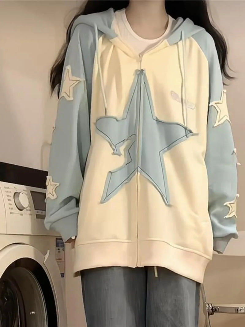 Spring Autumn Streetwear Star Graphic Zip Up Hoodie Women Vintage Y2K