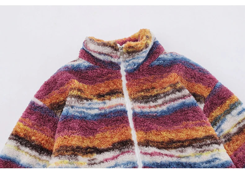 Trapwear Streetwear – Mens Casual Striped Fleece Jackets Coats New Hairy Stand – Streetwear Fashion for Men & Women