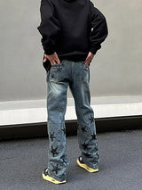 mens high street stars embroidery denim jean pants casual loose straight jeans hip hop y2k unisex pants streetwear joggers streetwear sweatpants