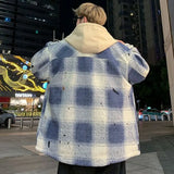 American high street men and women trendy personalized hooded cardigan sweatshirt couple loose retro plaid casual jacket top y2k