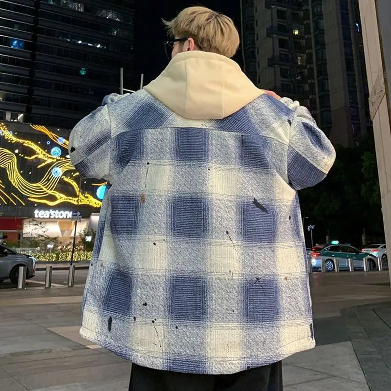 American high street men and women trendy personalized hooded cardigan sweatshirt couple loose retro plaid casual jacket top y2k
