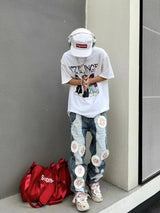 harajuku y2k stars embroidery patchwork ripped holes denim jeans casual straight jean pants mens hip hop streetwear jeans pants unique jeans style 2556