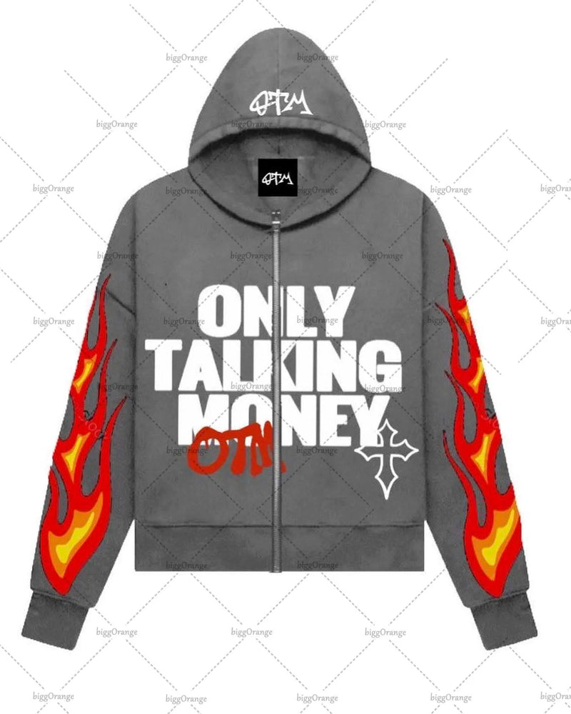 American Fashion Gothic Flame Letter Print Oversized Hoodie Mens Y2K S