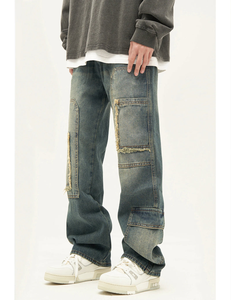 retro washed denim jeans destroyed ripped loose mens biker jeans side pocket fashion streetwear hip hop straight pants joggers unique joggers style 2207