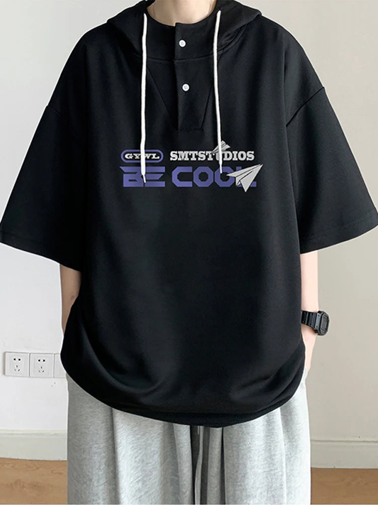 Harajuku Vintage anime – New Mens Casual Hooded Y2K T Shirt Summer Short Sleeve