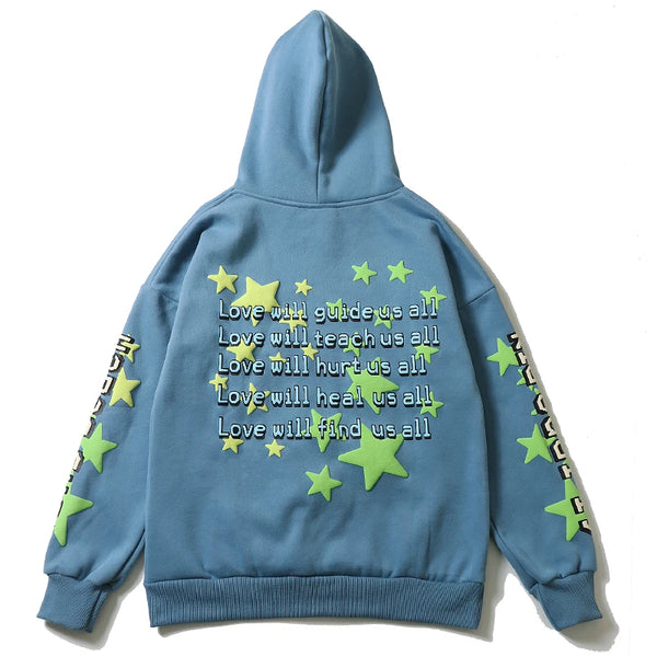 High Street Letter Foam Stars Print Mens And Womens Fleece Hoodie Retr