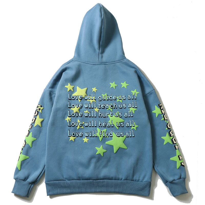 High Street Letter Foam Stars Print Mens And Womens Fleece Hoodie Retr