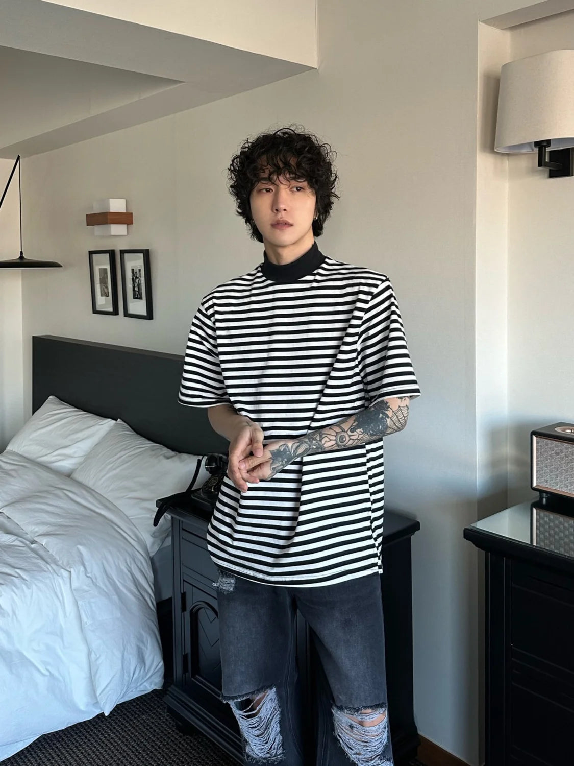 Cyberpunk Oversized shirt – Summer New Men Korean Style Loose Bottoming Shirt Black And