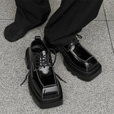 Men Streetwear Dark Black Fashion Thick Sole Platform PU Leather Casual Luxury High Street Increase Square Derby Shoes Man