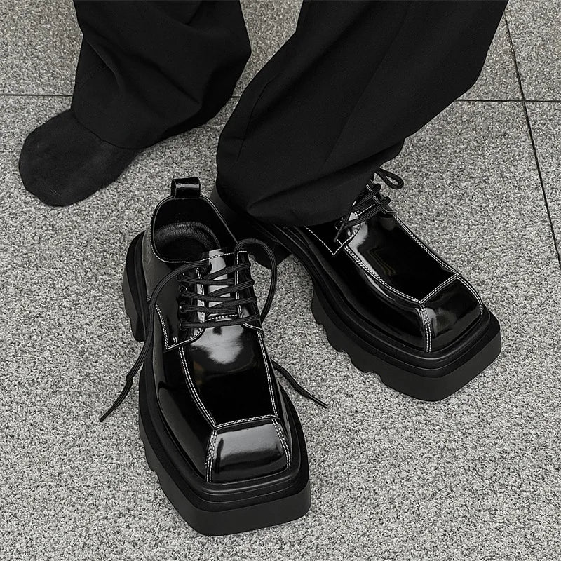 Men Streetwear Dark Black Fashion Thick Sole Platform PU Leather Casual Luxury High Street Increase Square Derby Shoes Man