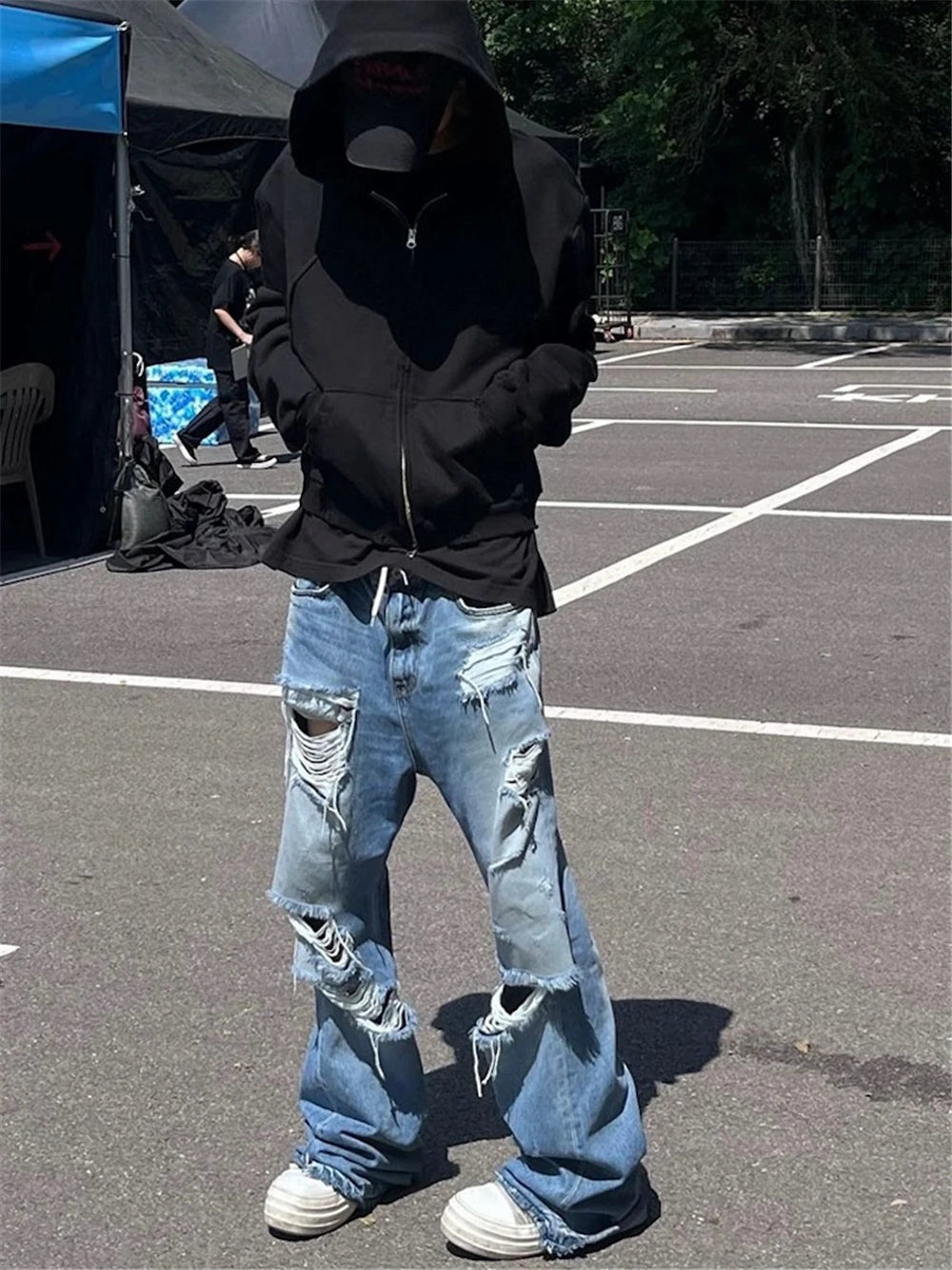 vintage ripped flared jeans blue straight baggy jeans trousers streetwear luxury loose casual distressed denim pants male unique jeans style 601