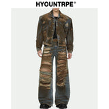 2 pieces sets mens dirty graffiti wide shouder denim jeans jacket coat and ripped holes wide legs pants joggers streetwear sets sporty tapered joggers