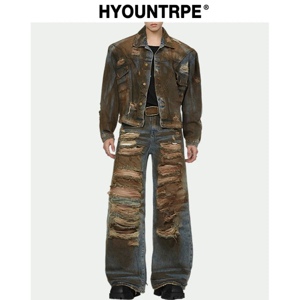 2 pieces sets mens dirty graffiti wide shouder denim jeans jacket coat and ripped holes wide legs pants joggers streetwear sets sporty tapered joggers