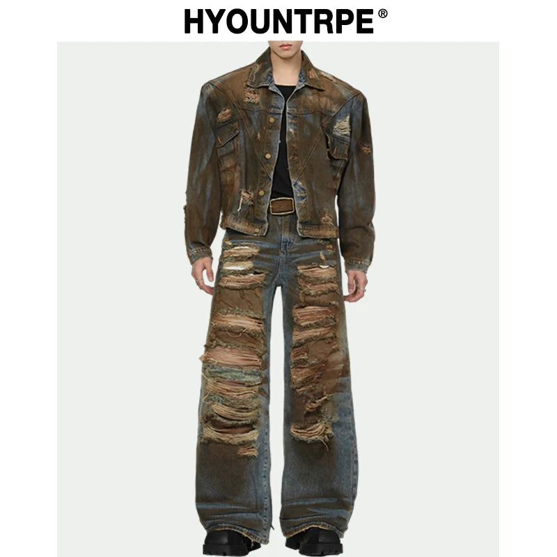 2 pieces sets mens dirty graffiti wide shouder denim jeans jacket coat and ripped holes wide legs pants joggers streetwear sets sporty tapered joggers