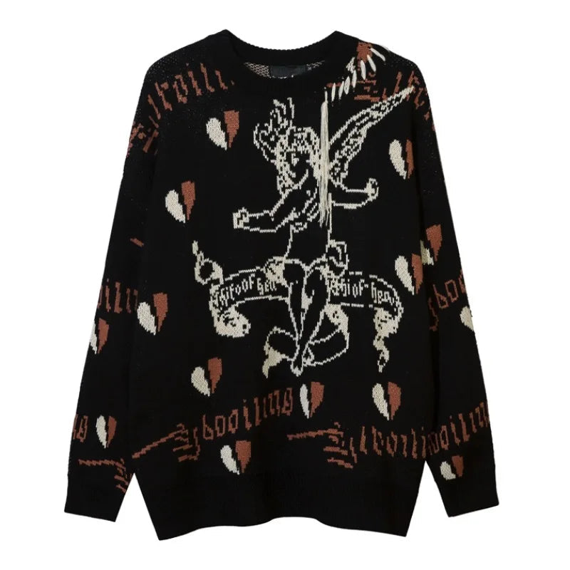 hip hop harajuku angle pattern knitted sweater unisex pullover streetwear winter casual loose mens sweater warm jumper knitwear - urban fashion pullover, Y2K grunge street style, oversized streetwear hoodie