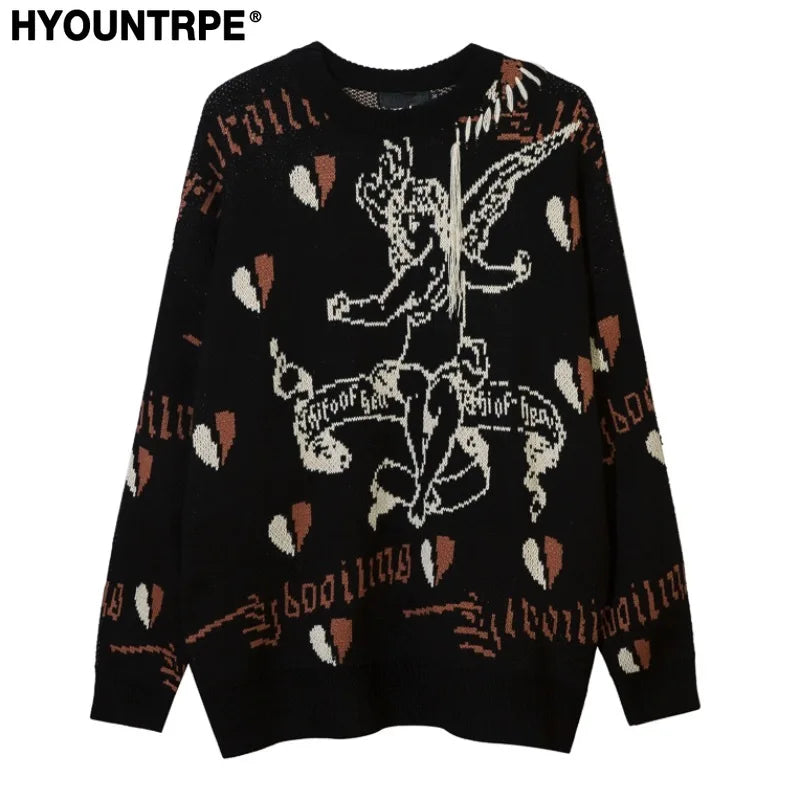 hip hop harajuku angle pattern knitted sweater unisex pullover streetwear winter casual loose mens sweater warm jumper knitwear - urban fashion pullover, Y2K grunge street style, oversized streetwear hoodie