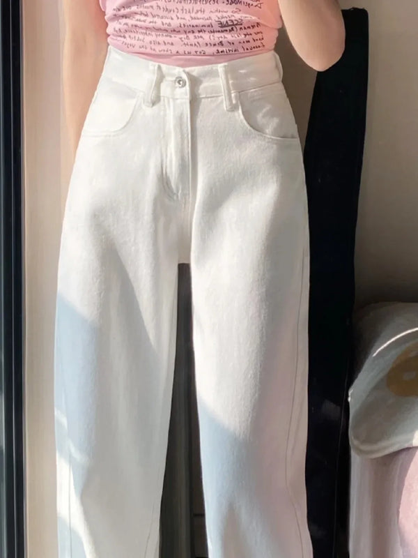 trendy brand white straight jeans for women 2024 spring new high waist slim wide leg pants high street ins fashion and leisure urban skinny jeans