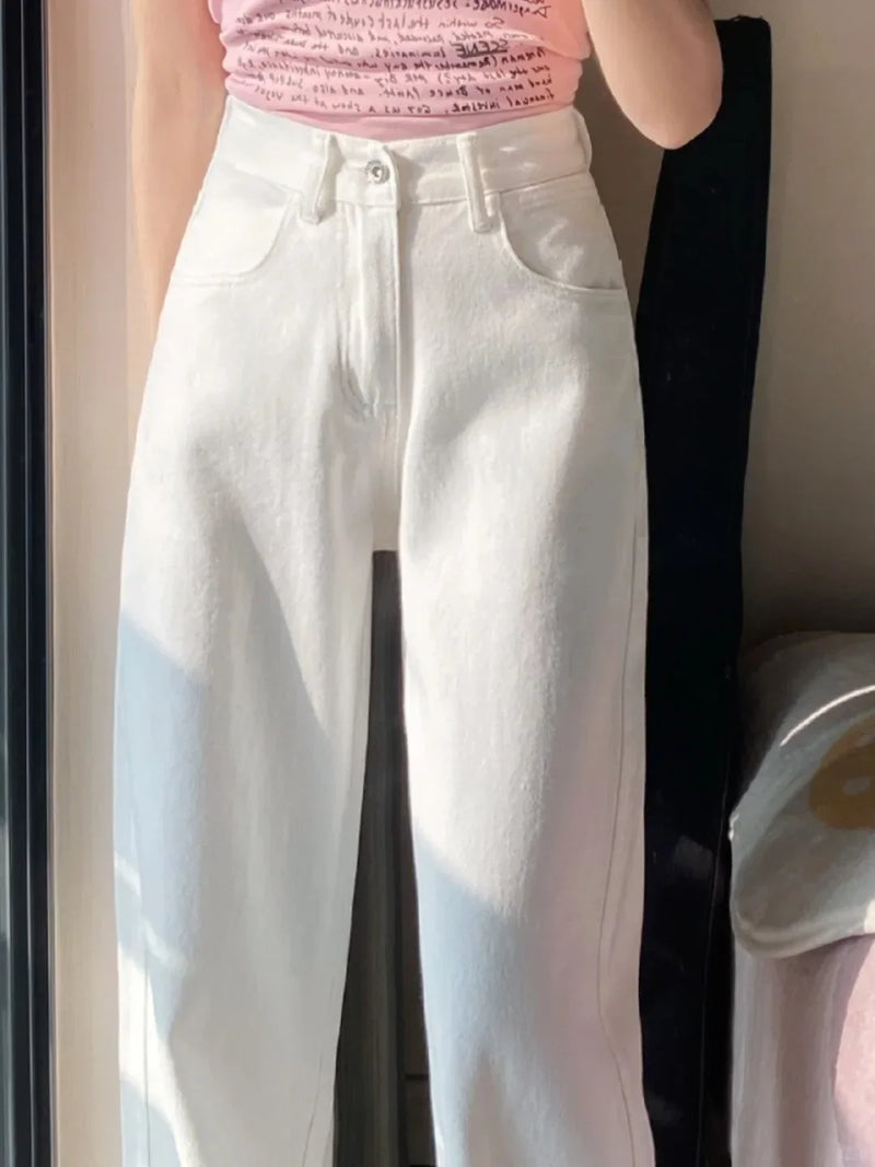 trendy brand white straight jeans for women 2024 spring new high waist slim wide leg pants high street ins fashion and leisure urban skinny jeans